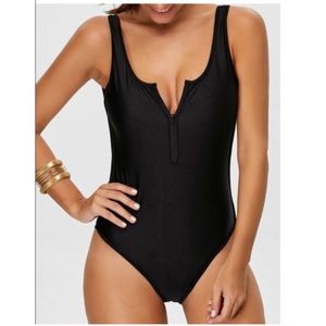 Zaful Black Zipper Front One-Piece Swimsuit Size XL (Fits M/L)